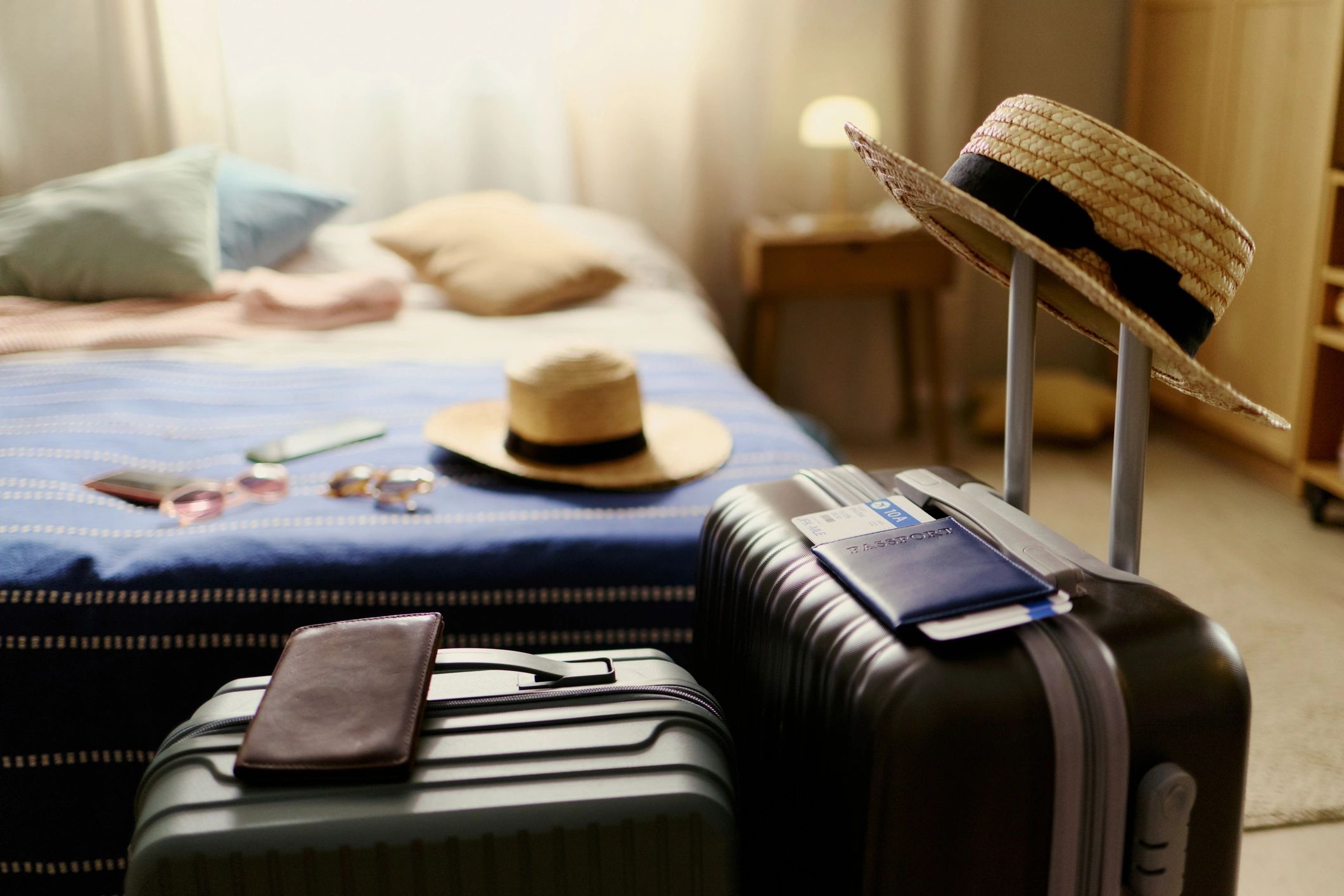 Packed luggage and passports for tour planning